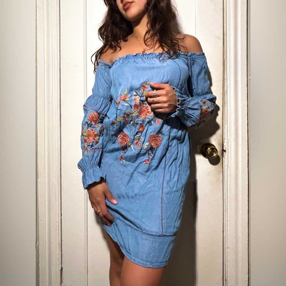 Embroidered Off-Shoulder Denim Dress